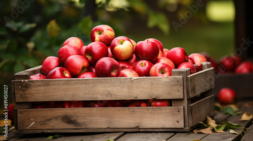 A wooden crate with beautiful organic red ripe apple