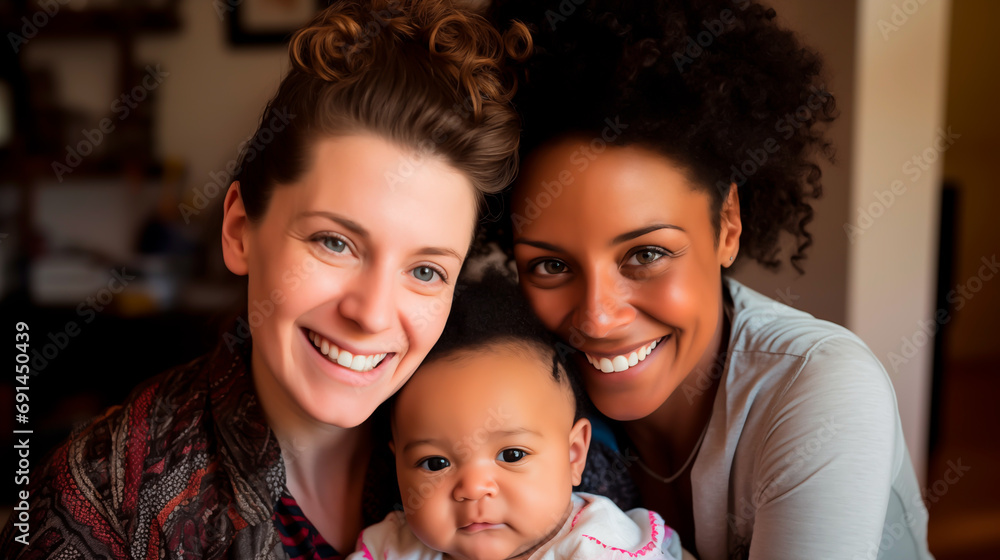Lesbian couple and child share a moment at home.
Lesbian couple and child share a moment at home.