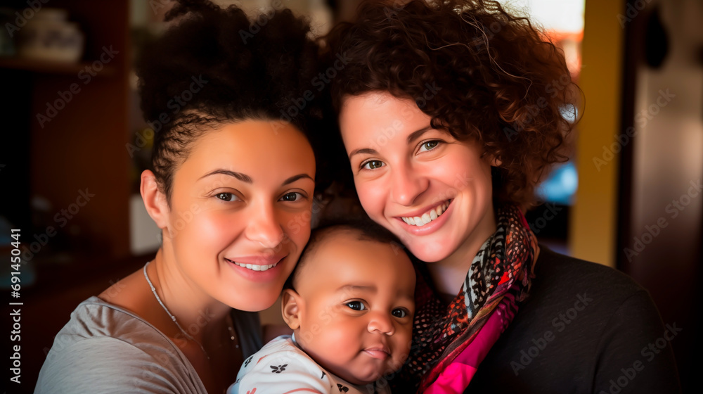 Lesbian couple and child share a moment at home.
