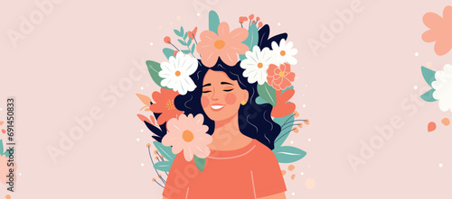 Vector spring banner place for text  beautiful happy woman with smile and flowers  portrait. Poster card with Women s Day on a delicate pink background. Women empowerment  feminism day