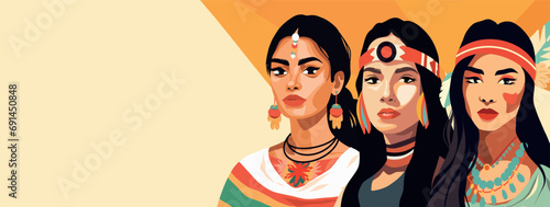 Vector flat horizontal banner for International Women's Day, indigenous women of America standing side by side. Vector concept of movement for gender equality and women's empowerment. Feminism