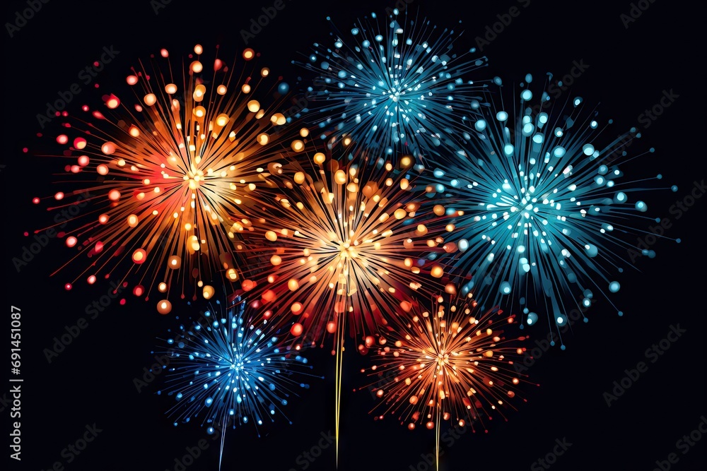Naklejka premium Nighttime extravaganza of celebration. Dazzling fireworks paint sky with brilliant colors marking joyous occasion. Each burst spectacular display of light and energy creates stunning in dark night