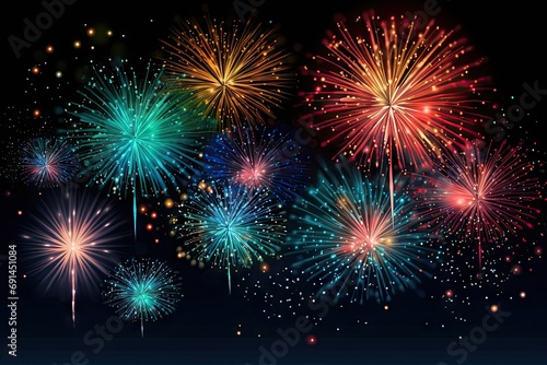 Nighttime extravaganza of celebration. Dazzling fireworks paint sky with brilliant colors marking joyous occasion. Each burst spectacular display of light and energy creates stunning in dark night
