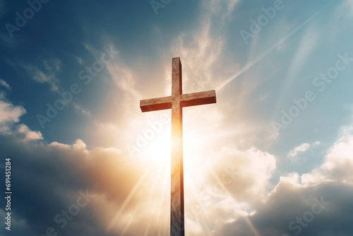 Cross on sky background. Christian symbol. Cross on sky background.