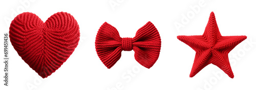 Set of red yarn knitted heart, bow and star. Isolated on a transparent background.