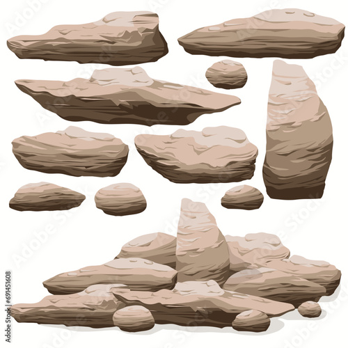 Stone Rock mineral cartoon in isometric flat style. Set of different boulders.
