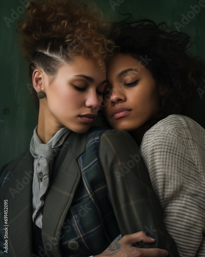 Mixed race Lesbian Gen-Z couple in a gentle embrace © Samantha