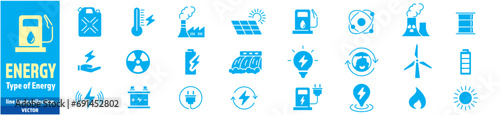 Electricity, Energy Types, Energy, icons collection editable stroke, Hydroelectric, Solar, Water, fire, Power Supply, Coal mine, vector illustration. photo