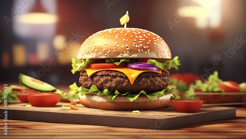 closeup of a tasty burger on a wooden table 3d rendering illustration