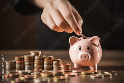 Hand putting coin to a piggy bank