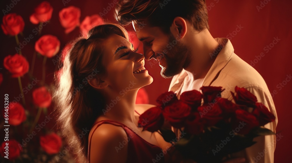 Happy young couple celebrating Valentine's Day in a large room. red background With a large bouquet of red flowers Happy young couple celebrating Valentine's Day in a large room. red background With a large bouquet of red flowers
