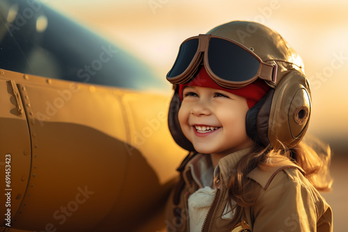 Cute little caucasian girl at outdoors in airplane pilot costume