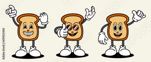 Bread set mascot of 70s groovy. Collection of cartoon,retro, groovy characters. Vector illustration.