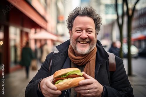 Middle aged man in the middle of the city holding a burger