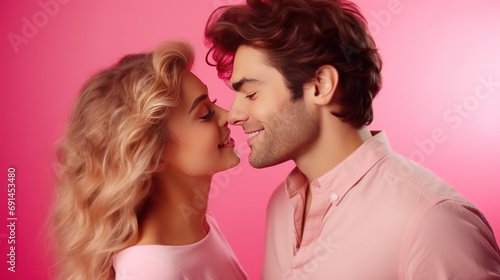 Woman kisses happy and smiling man Pink background with heart shape Valentine s Day. Emotions. Lifestyle.