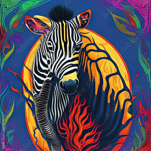 zebra with a colorful background and a bright sun in the background