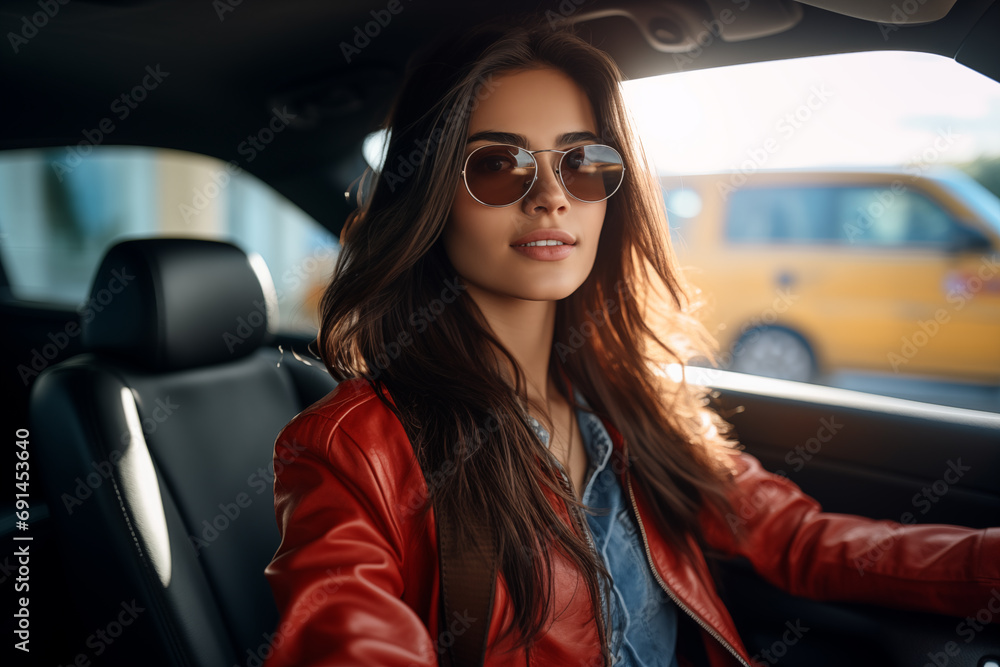 Young pretty brunette girl inside a car Young pretty brunette girl inside a car