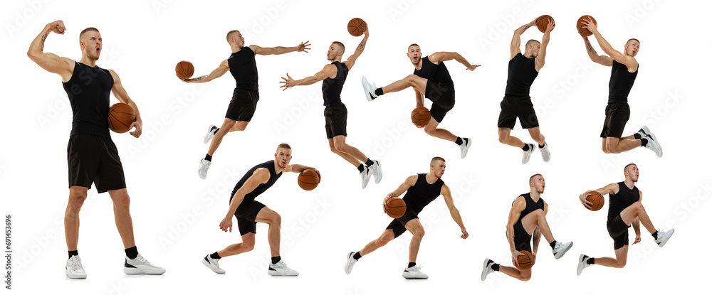 Fototapeta premium Muscular young man, professional basketball player in motion with ball, playing isolated over white background. Collage. Concept of sport, competition, tournament, championship, game