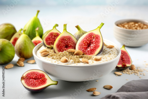 Oatmeal with fresh figs and sesame seeds in ceramic bowl on light background