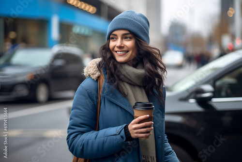 Young pretty brunette girl holding a take away coffee