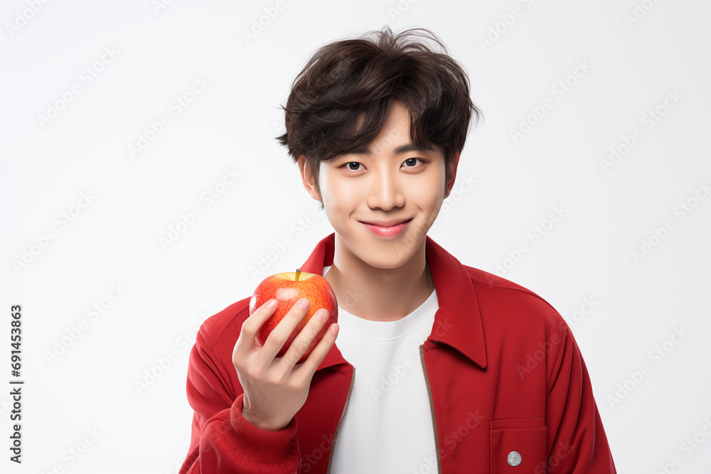 Chinese man over isolated white background with an apple Chinese man over isolated white background with an apple