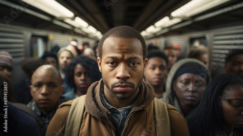 Man Standing Out in a Crowded Subway Train - A Portrait of Individuality Amongst the Urban Commute © Ai Studio