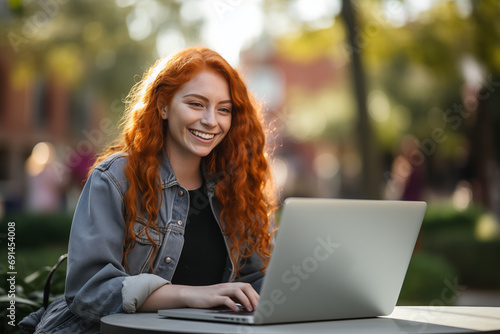 Young pretty redhead woman at outdoors working with a laptop