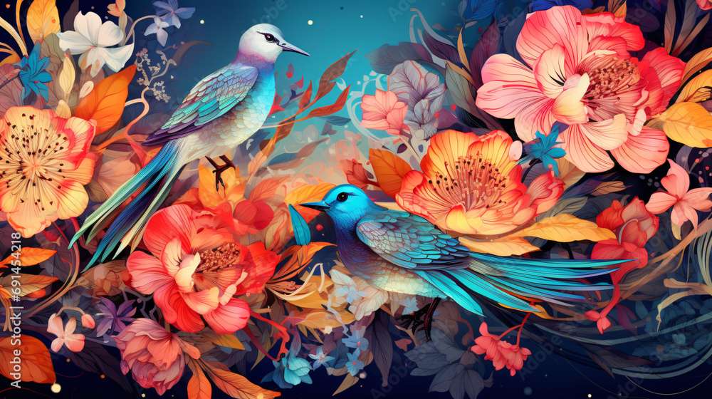 Wall mural with exotic flowers and birds Generative