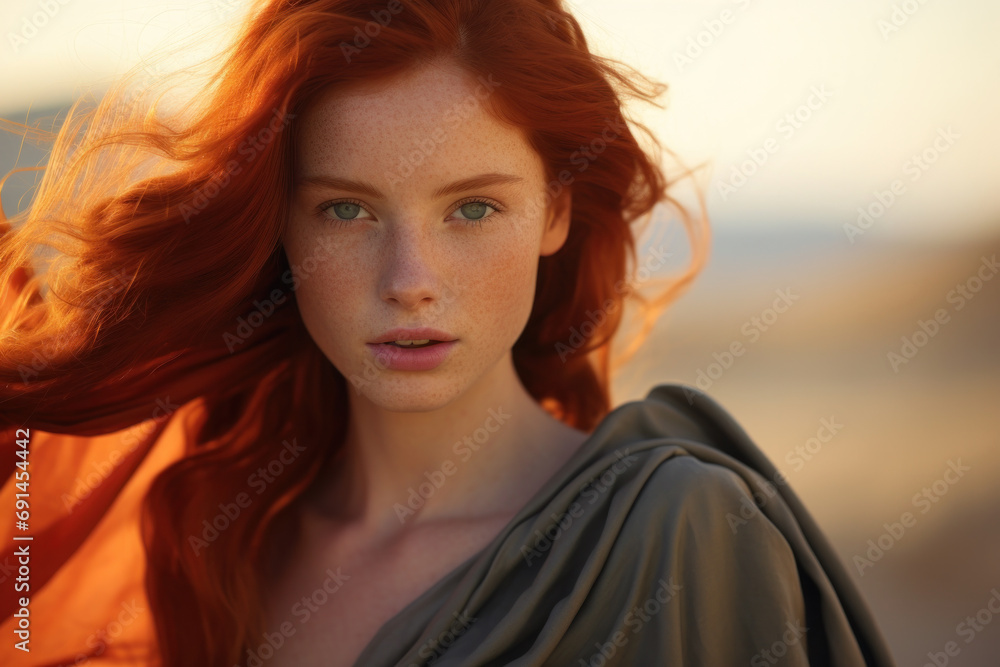 Fiery Redhead Beauty with Windswept Hair at Sunset - Captivating Portrait with Intense Gaze and Vibrant Colors