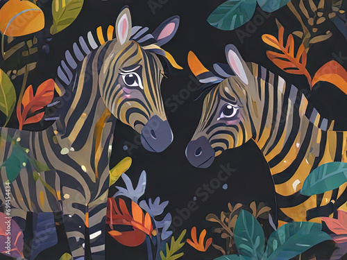 zebras in a jungle of leaves and plants on a black background