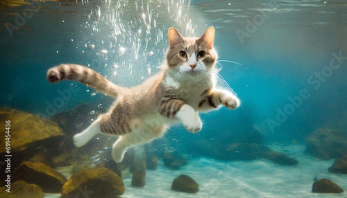 Cat in water jump under bubbles