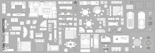 Set of linear icons. Interior top view. Vector Illustration. Floor plan icons set for design interior and architectural project