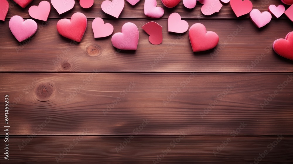 High angle white wooden background with red hearts with gifts. Valentine's Day concept