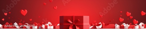 Wallpaper Mural Valentine's Day Paper Art Concept Banner with Handmade Gift Box Lots of paper cut ribbons, bows and hearts on red background with space for text. Torontodigital.ca
