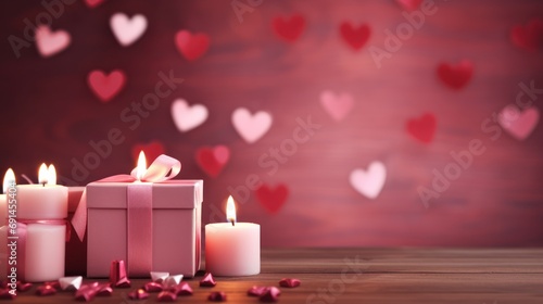 Pink wooden background with red hearts  gifts and candles. Valentine s Day concept.