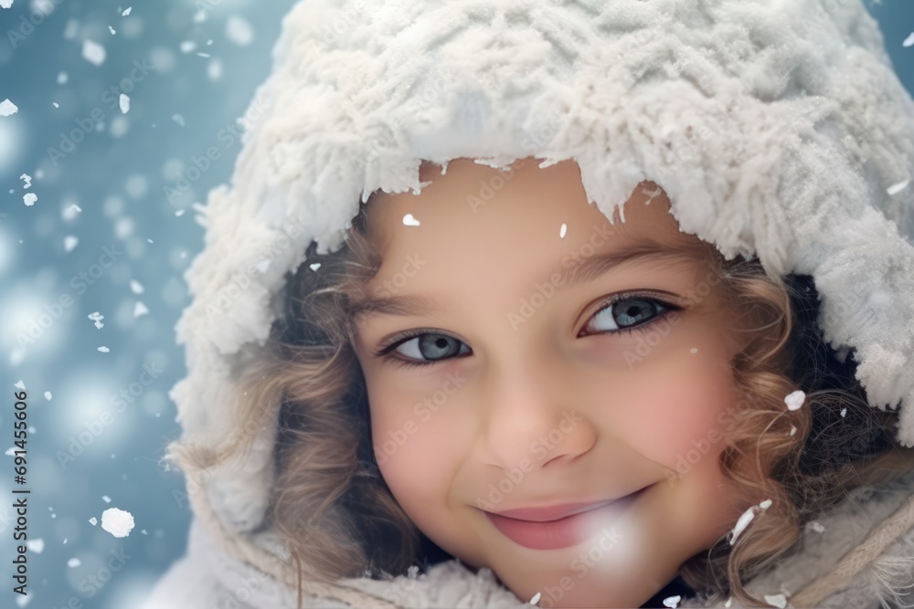 Cute Child With Happy Face Surrounded By Snowflakes