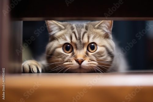 Curious Young Cat Peeks From Behind Table © Anastasiia