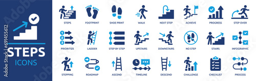 Steps icon set. Containing stairs, footprint, progress, step by step, roadmap, process, walk and more. Solid vector icons collection. photo