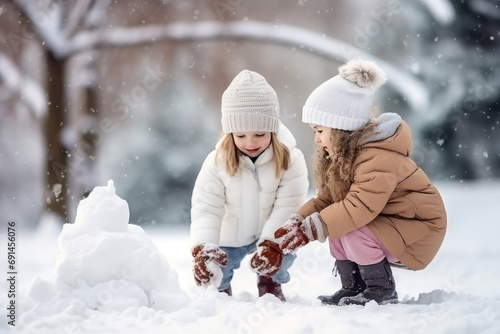 Kids Playing In Snowy Winter Landscape, Toolcreated Image photo