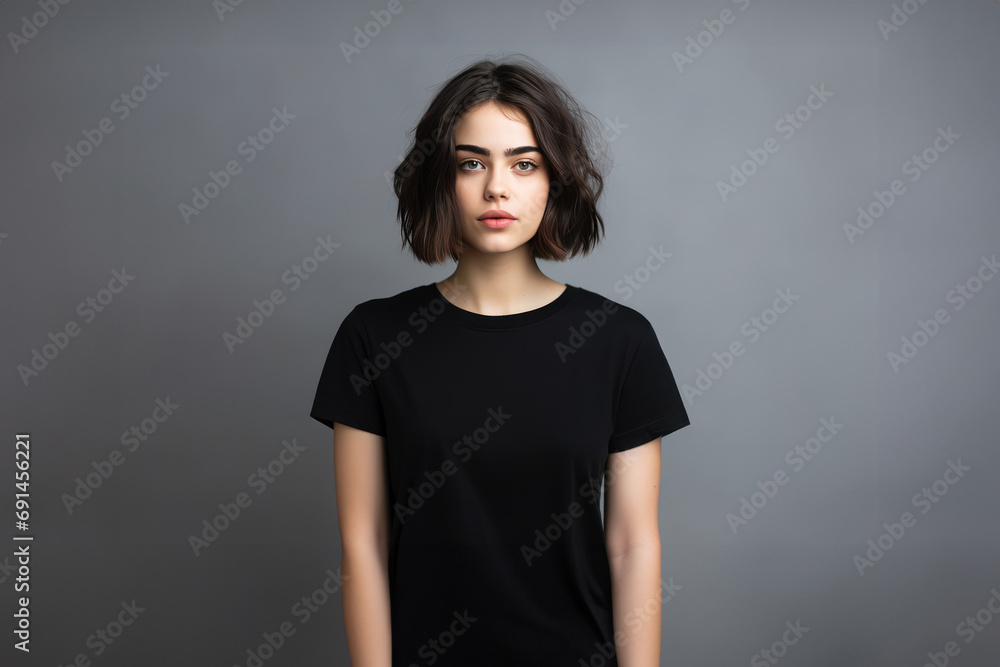 Mockup Of Beautiful Woman Wearing Black Tshirt And Jeans Against White Background Photorealism Mockup Of Beautiful Woman Wearing Black Tshirt And Jeans Against White Background Photorealism