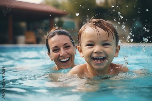 Mother And Boy Play In Pool