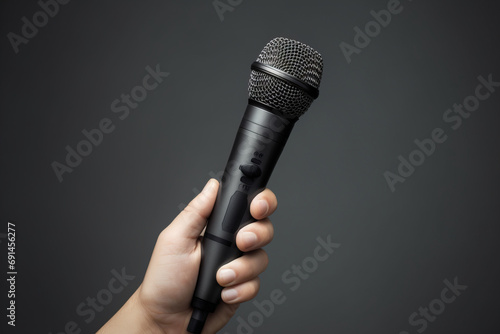 Female hand holding a black microphone on a gray background with copy space
