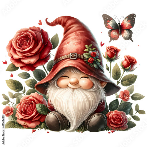 Cute Red Valentine's Gnome with Roses and Butterfly Watercolor Clipart