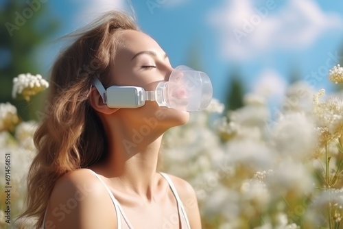 A Woman Breathes Through An Oxygen Mask In A Field Because Of Allergies photo