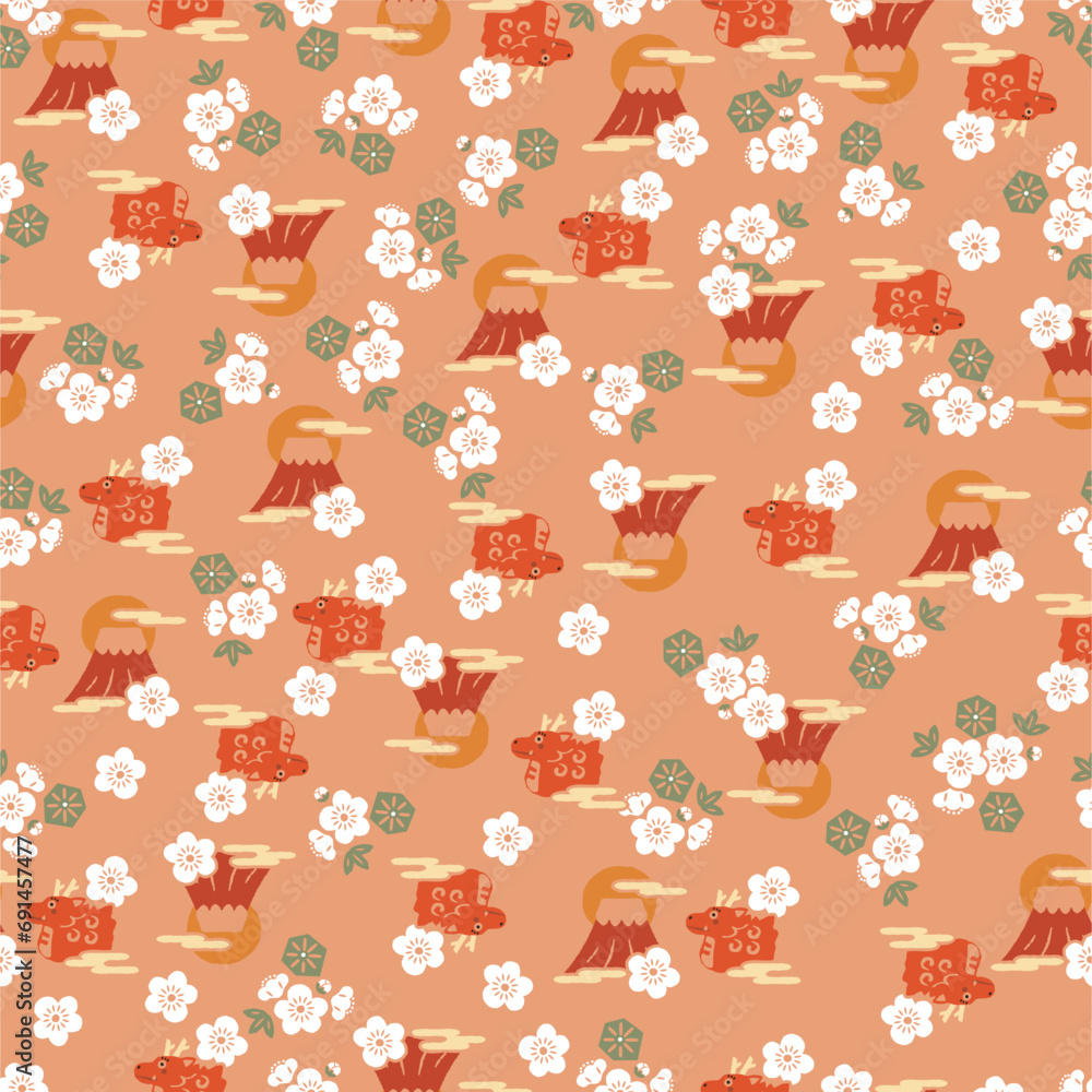 Obraz premium 辰年のシームレスなパターン。日本の伝統的な柄。和柄。縁起の良い柄、吉祥紋、十二支、ドラゴン、正月、元旦、