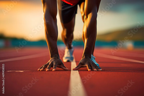 Close-up of a male athlete running on a track at sunset ai generated art