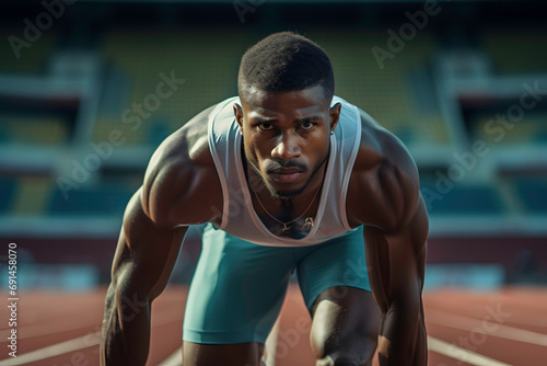 Portrait of african american male athlete ready to run on track