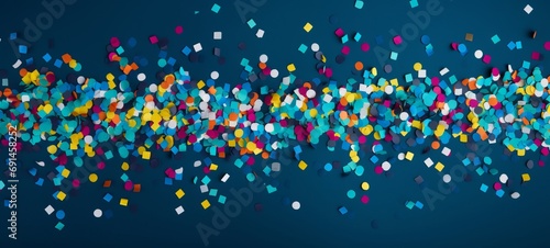 Festive carnival new year's eve celebration party banner texture - Falling colorful multicolored glitter confetti isolated on dark blue table background