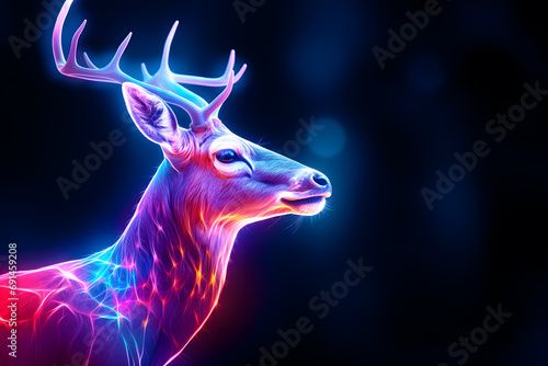 Glowing Neon Deer with Majestic Antlers poster on dark Background