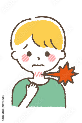 風邪をひいている子供。体調不良の症状。